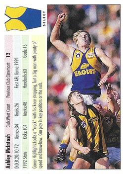1993 Select AFL #12 Ashley McIntosh Back